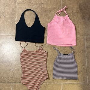 Mixed Halter & Strappy Crop Tops and Bodysuit - Black, Pink, Multi-Stripe